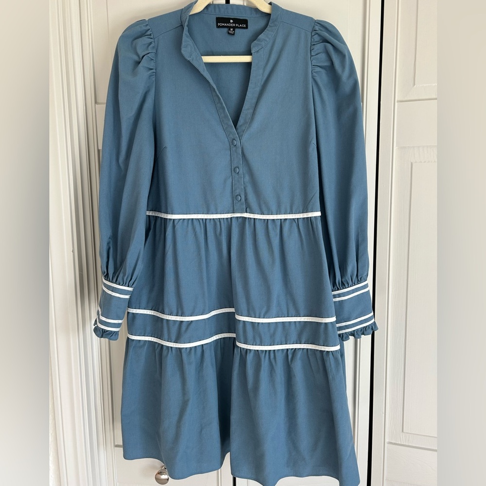 Pomander Place Blue Long-Sleeve Dress with White Trim